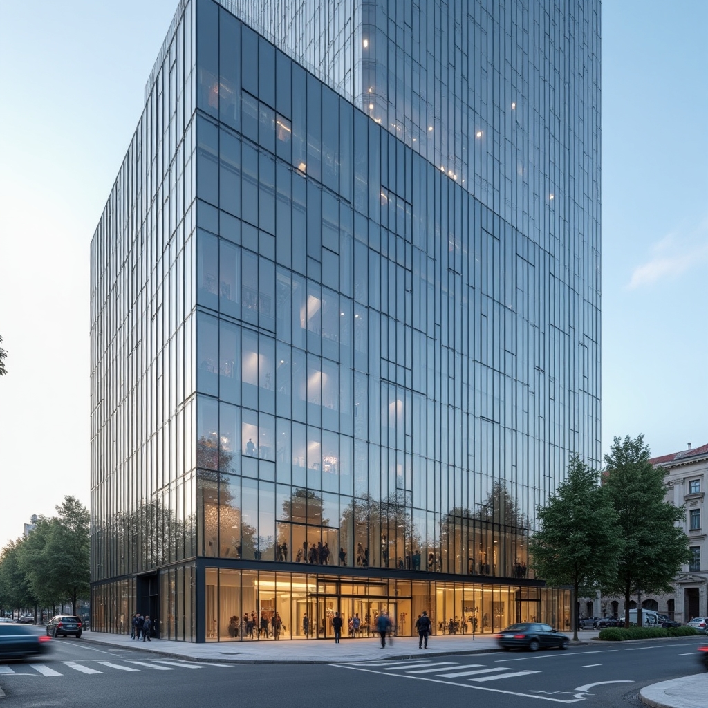 Modern office building exterior in Bucharest under daylight
