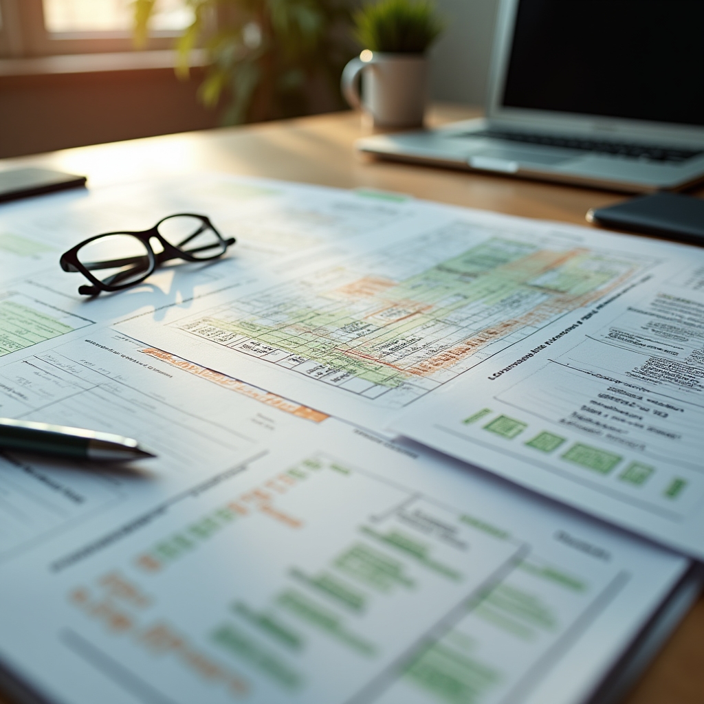 Close-up of printed checklists, tabbed folders and highlighted training documents on a desk