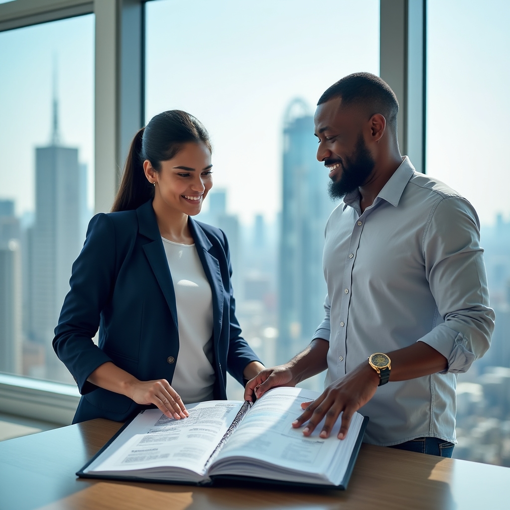 Facilitator reviewing an operations manual in a bright office
