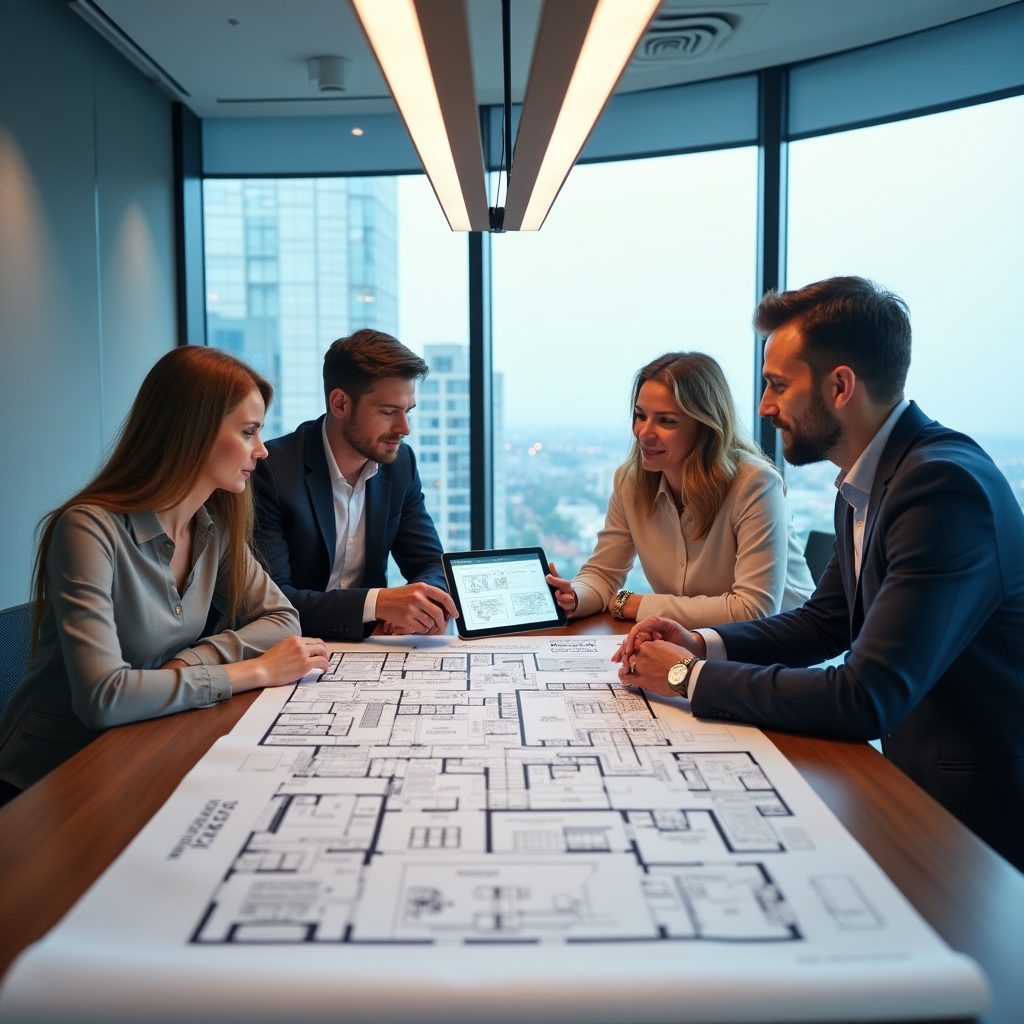 Team gathered around a table with a floor plan diagram discussing multi location layout consistency