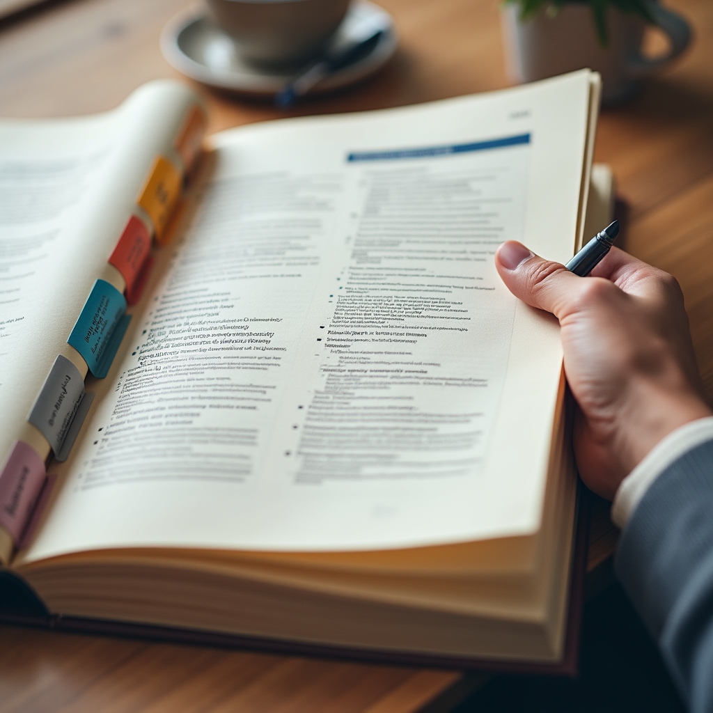 Close-up of a printed operations manual open on a desk with tabbed sections