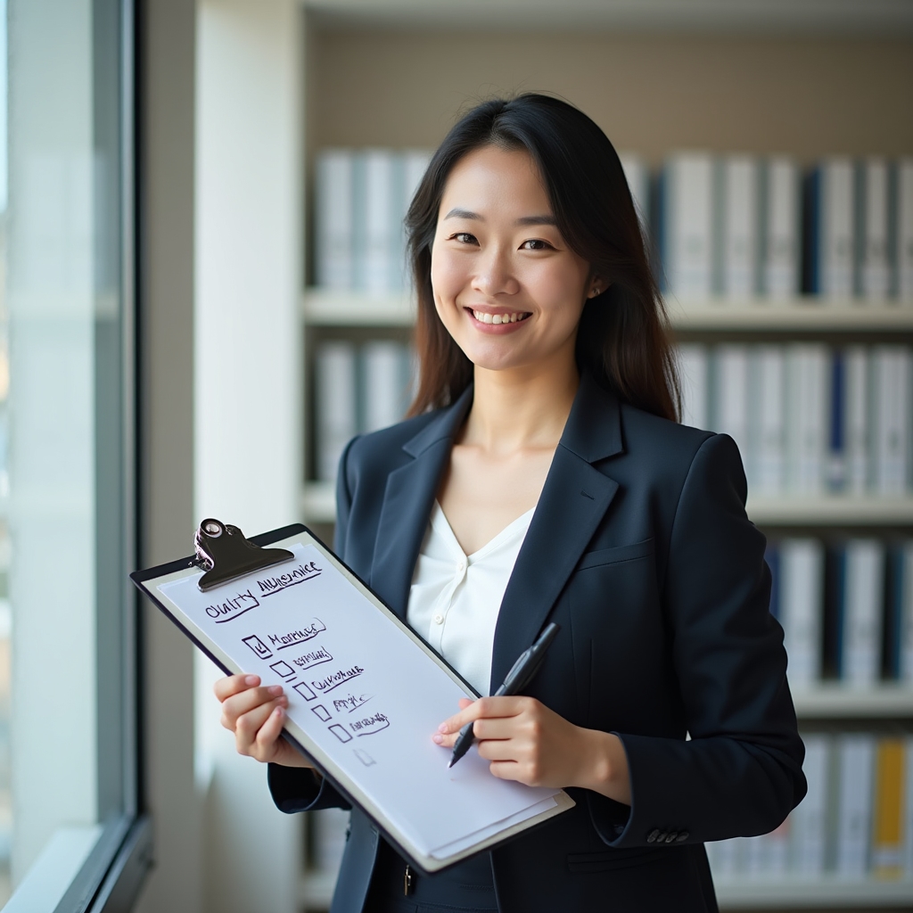 Facilitator holding a clipboard while reviewing a quality assurance checklist in an office setting